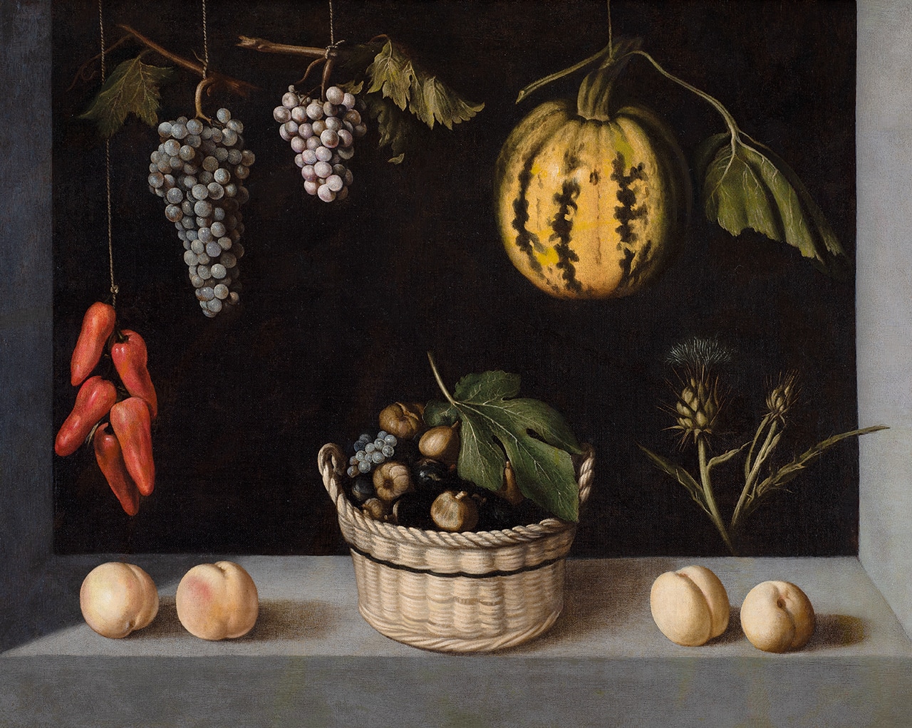 Still Life with Basket of Fruit, Melon, and Grapes