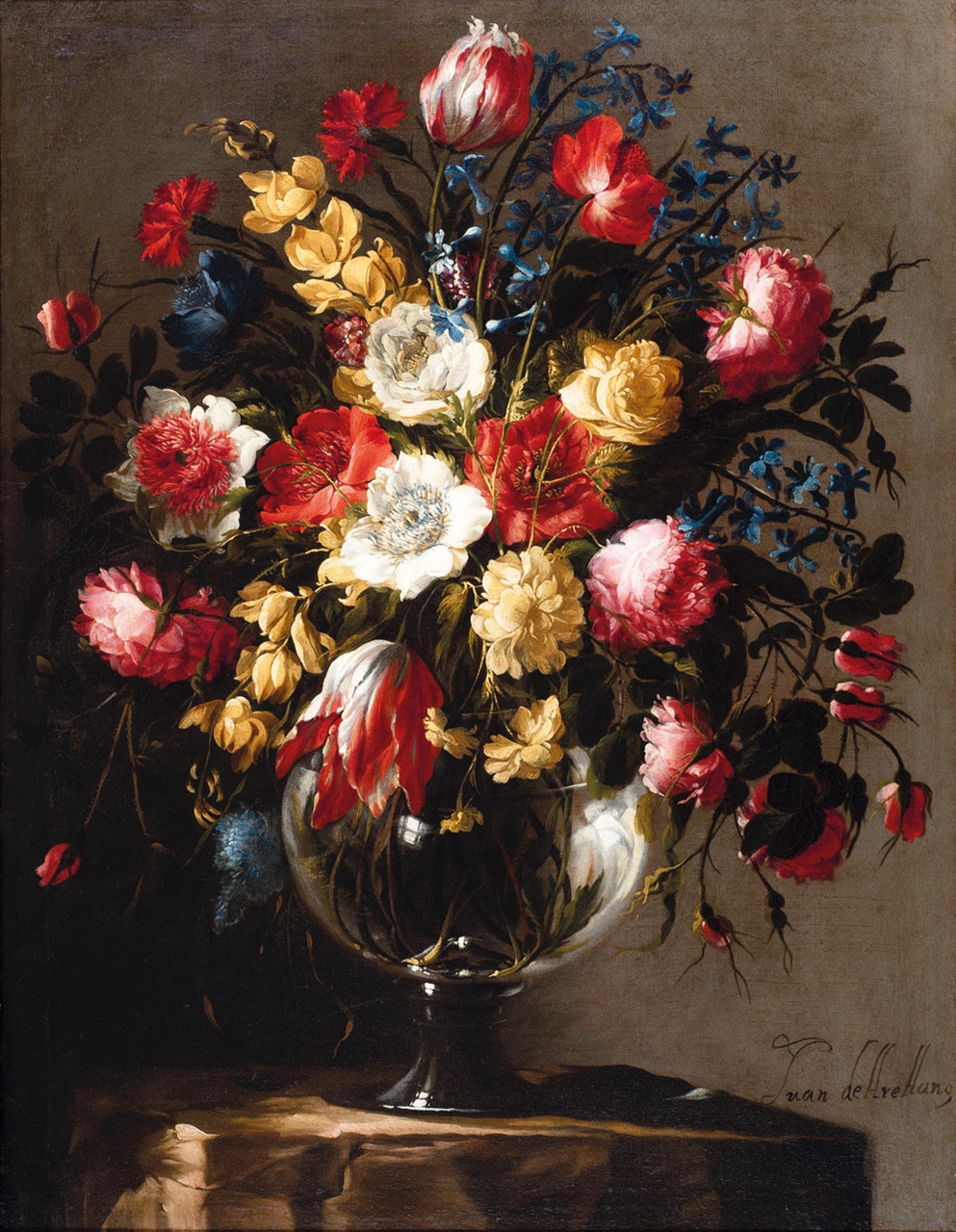 Still Life with a Large Array of Flowers in a Glass Vase on a Stone Pedestal