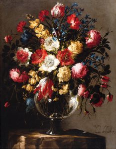 Still Life with a Large Array of Flowers in a Glass Vase on a Stone Pedestal thumbnail